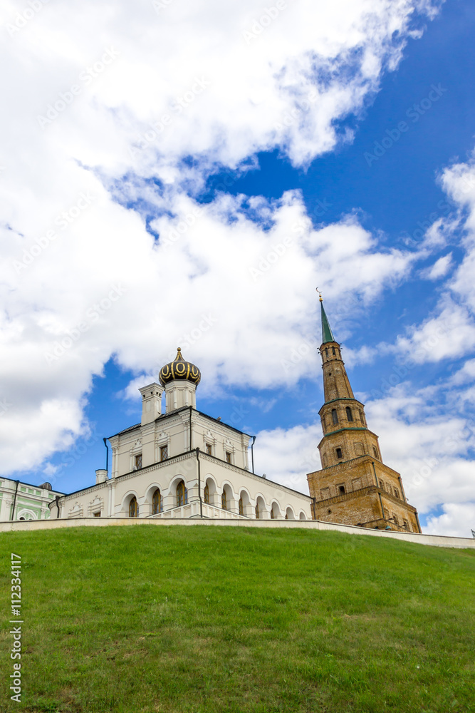 Tower Syuyumbike and orthodox cathedral in Kazan Kremlin.