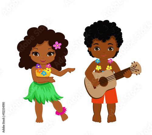 illustration of boy playing guitar and hawaiian girl hula dancing