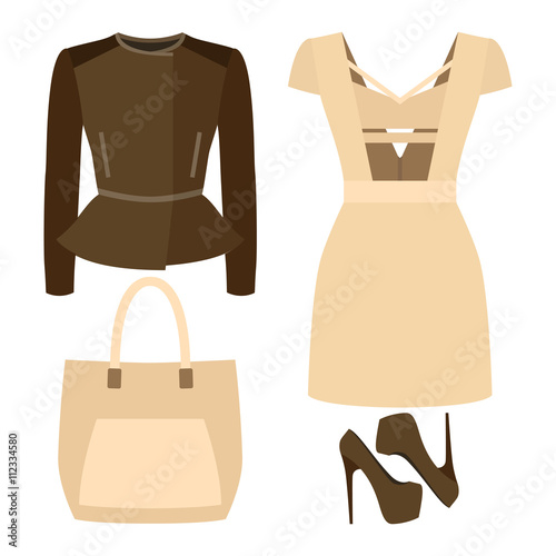 Set of trendy women's clothes with dress, coat and accessories. Vector illustration