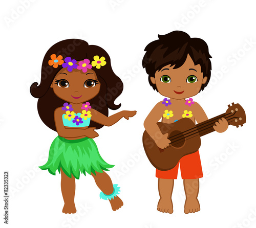 illustration of boy playing guitar and hawaiian girl hula dancing