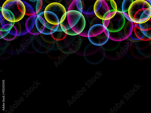 Abstract black background with colored bubbles and their reflection in the top of the picture  vector illustration