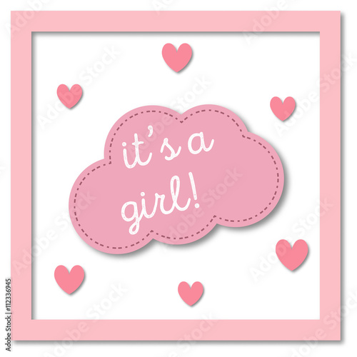 It's a girl. Greeting gift card. Baby shower invitation card. Vector paper card.
