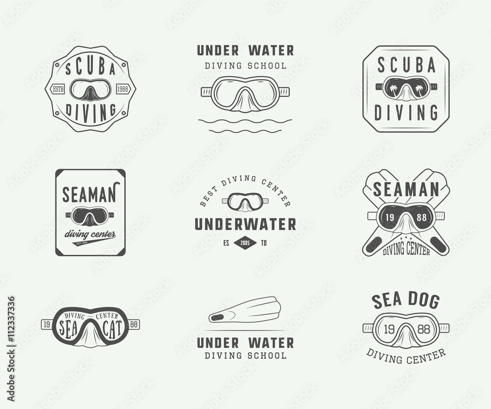 Set of vintage scuba diving logos, labels, badges and emblems.