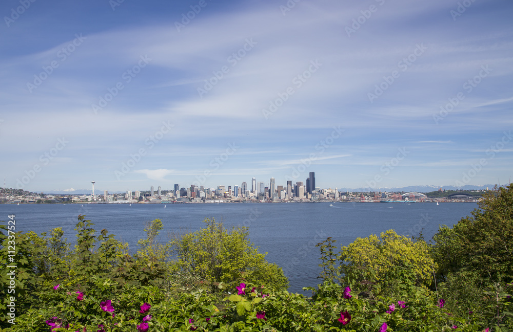 View of the Space Needle in Seattle downtown from across the Puget Sound 