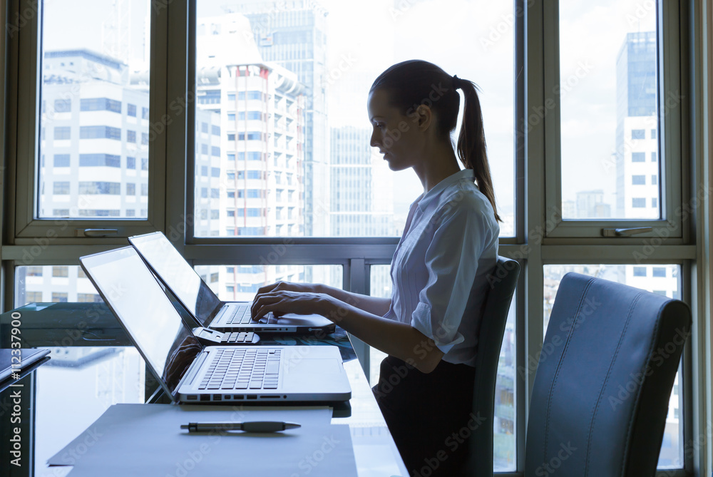 Female businesswoman working in her office. Female businesswoman working in her office.
