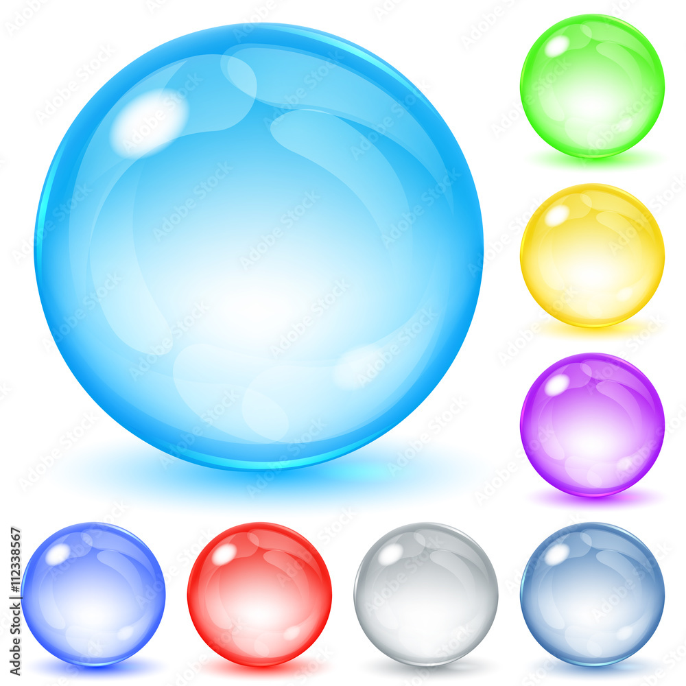 Set of transparent glass spheres of various colors with glares and shadows. Transparency only in vector file Set of transparent glass spheres of various colors with glares and shadows. Transparency only in vector file