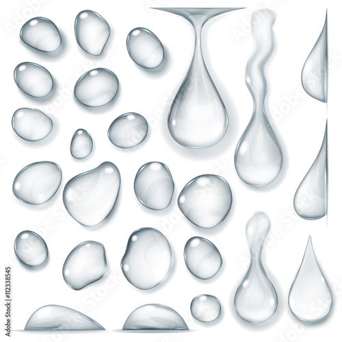Set of transparent drops of different shapes in gray colors. Transparency only in vector format