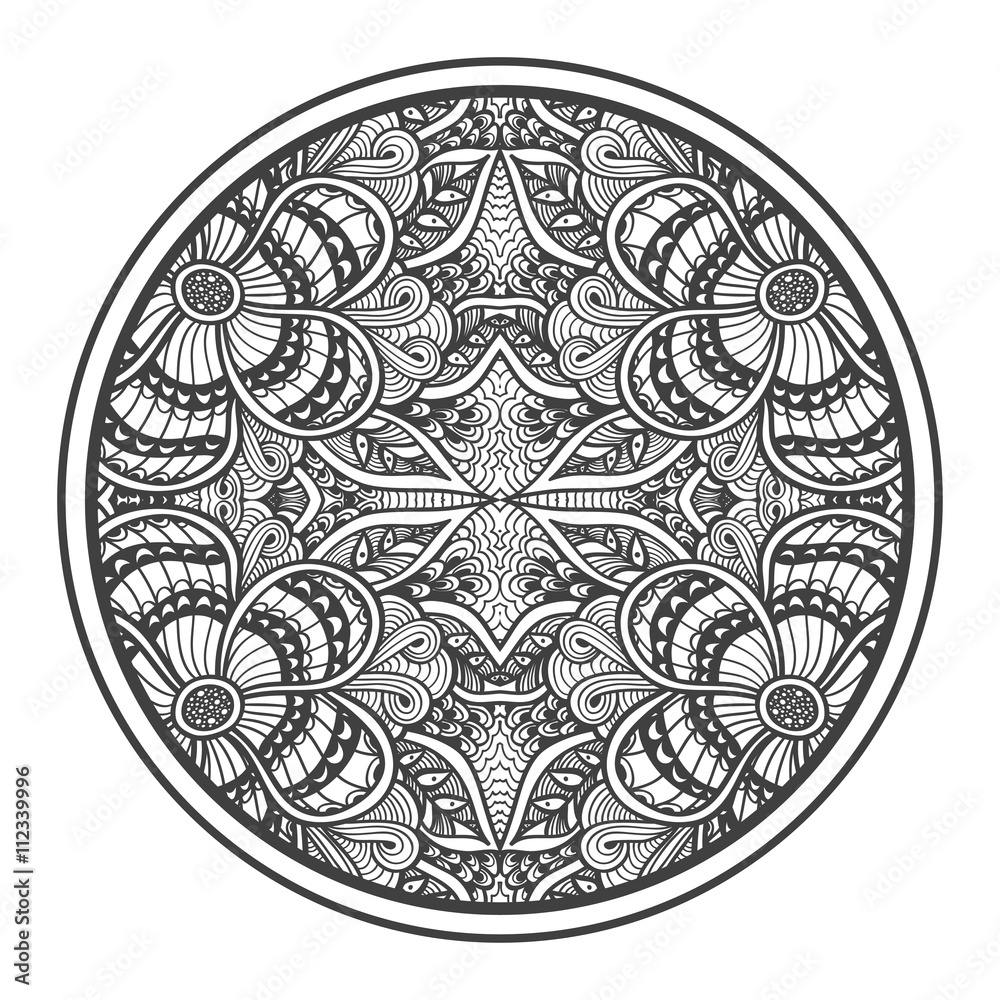 Background   with Zen-doodle pattern black on white in circle