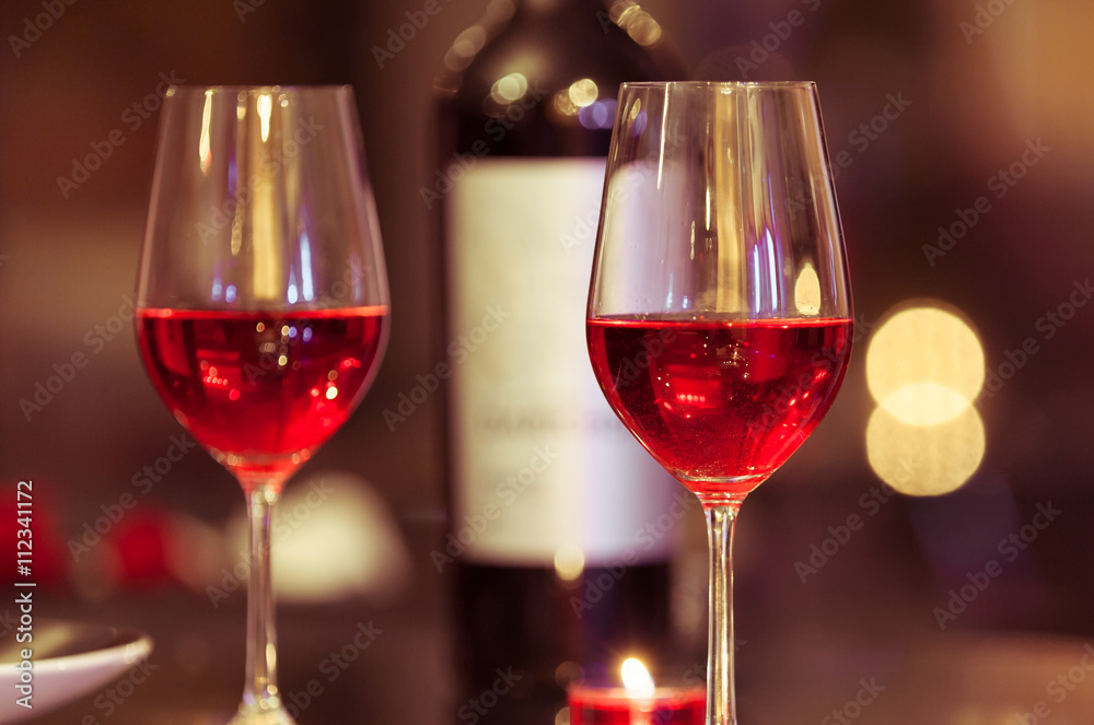 Fine dinning setting,  Wine glasses in a restaurant.


