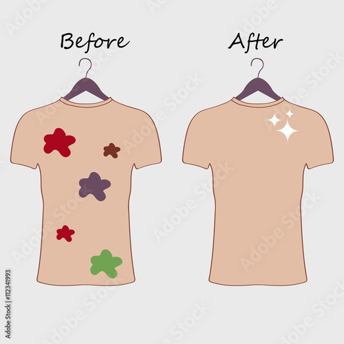 Dirty and clean t-shirt. Befor cleaning and after cleaning t-shirt. Stained t-shirt. Different types of stains. Dry cleaning concept.