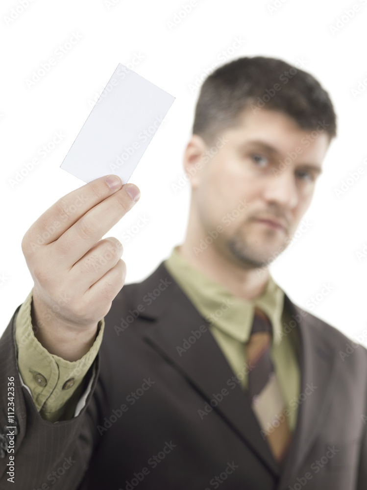 serious businessman holding blank business card serious businessman holding blank business card