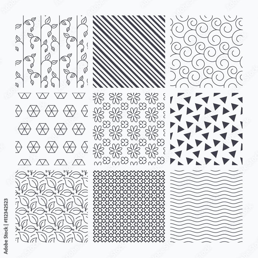 Flower, leaves and floral seamless textures.