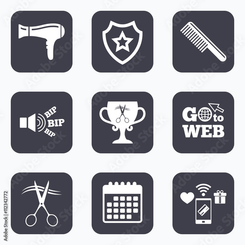 Hairdresser icons. Scissors cut hair symbol.