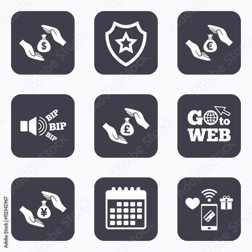 Hands insurance icons. Money savings signs.