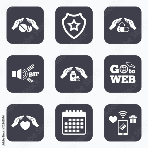 Hands insurance icons. Health medical pills.