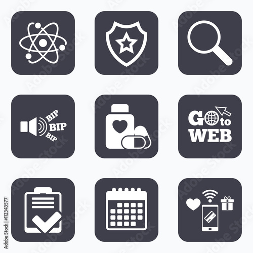 Medical icons. Atom, magnifier glass, checklist.