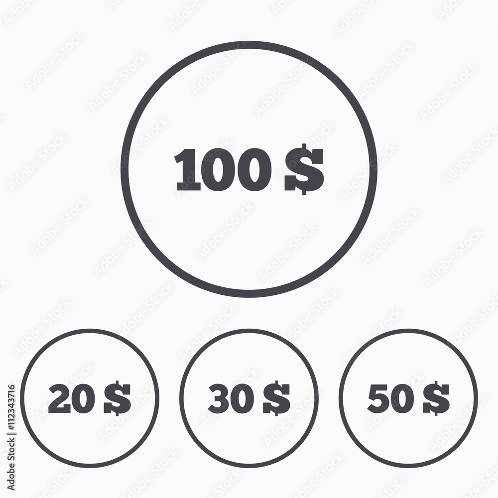 Money in Dollars icons. Hundred, fifty USD. Money in Dollars icons. Hundred, fifty USD.