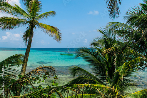 Fototapeta Naklejka Na Ścianę i Meble -  tropical paradise view with boat on blue sea and palms