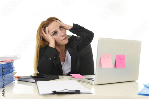 worried attractive businesswoman in stress working with laptop c