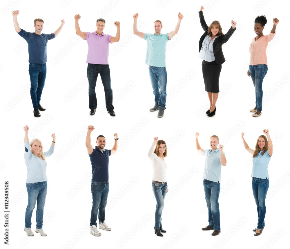 Obraz premium Collage Of Creative People Raising Arms