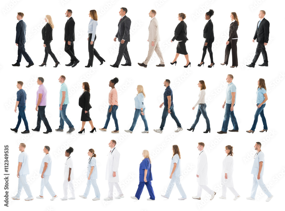 Collage Of People Walking In Line - obrazy, fototapety, plakaty 