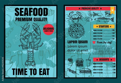 Brochure or poster Restaurant  seafood menu with Chalkboard Back
