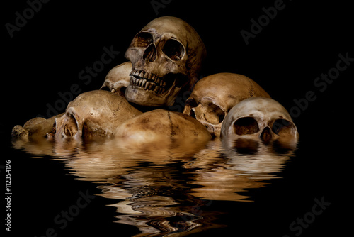 Pile of skulls and animal bones with water reflection. Genocides concept, creepy horror darkness halloween