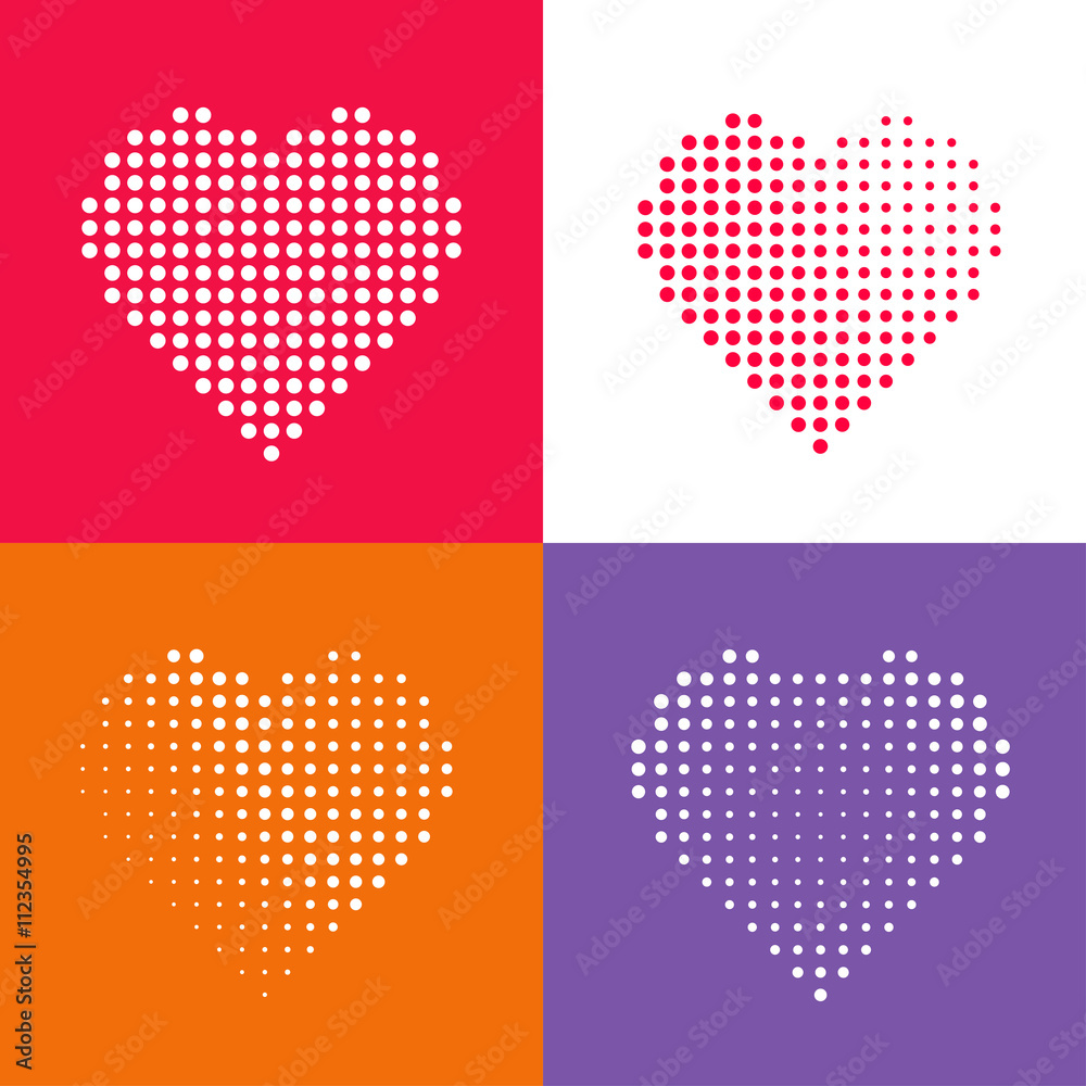 Obraz premium Dotted heart icons set pattern, pop art red heat dots icon, abstract pixel shape modern design vector illustration isolated on white red orange purple halftone background