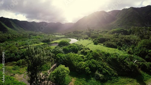 Amazing Lighting Aerial Flight Over Hawaii Rainforest Tropical River Valley