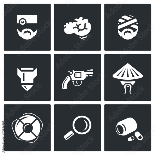 Vector Set of Military Rehabilitation Icons. Health, Mind, Contusion, War, Suicide, Vietnam, Salvation, Diagnosis, Treatment.