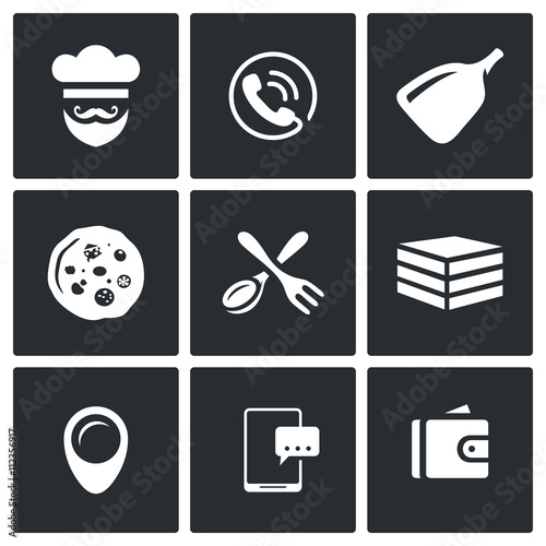 Vector Set of Pizza Delivery Icons. Cook, Order Manager, Shoulder baker, Pizza, Cutlery, Box Food, Address, Booking, Payment.
