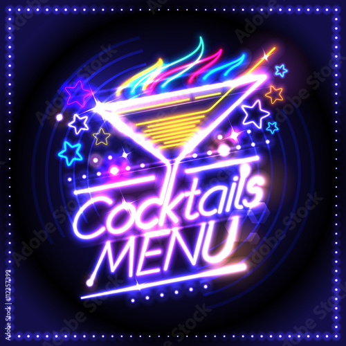 Cocktails menu card design, neon lights style