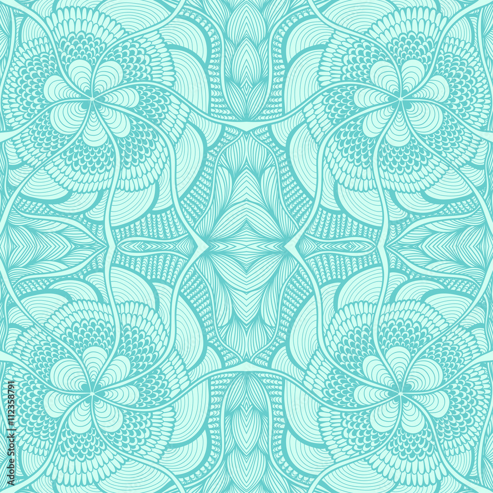 Seamless pattern in  Zen-doodle style light blue