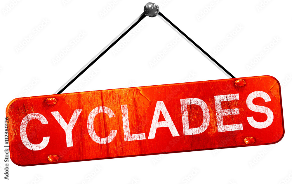 Cyclades, 3D rendering, a red hanging sign Cyclades, 3D rendering, a red hanging sign