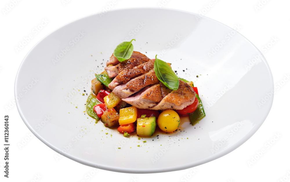 duck fillet with vegetable ragout. Isolated