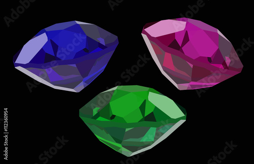 three color gems isolated on black illustration