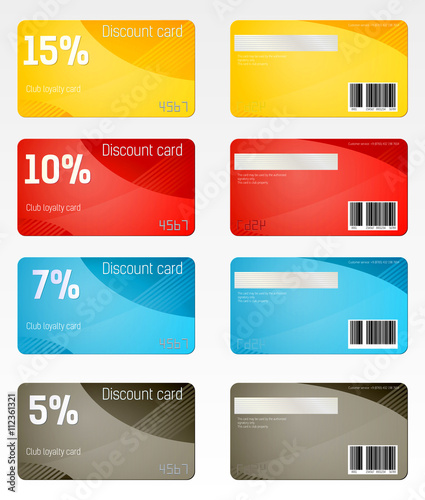 Set of discount cards of various denominations / Club cards of different percentage discounts
