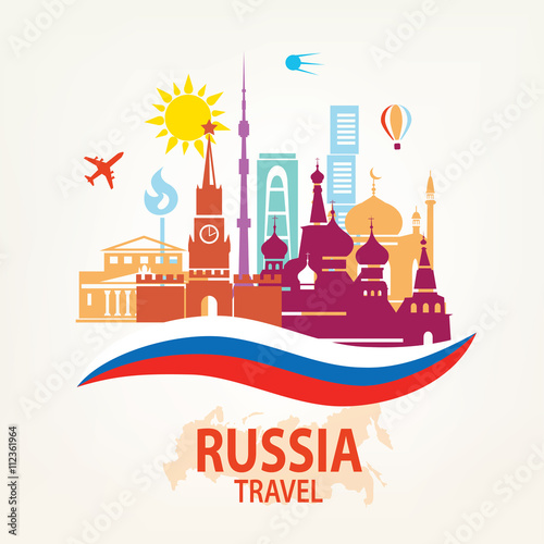 Russia travel background  set of famous russian and Moskow symbo