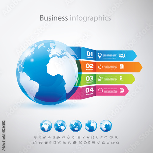 business, globe infographics template with icons set