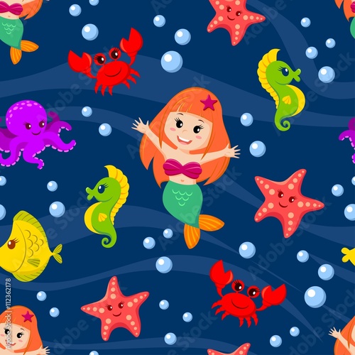 Seamless pattern with mermaid and sea animals