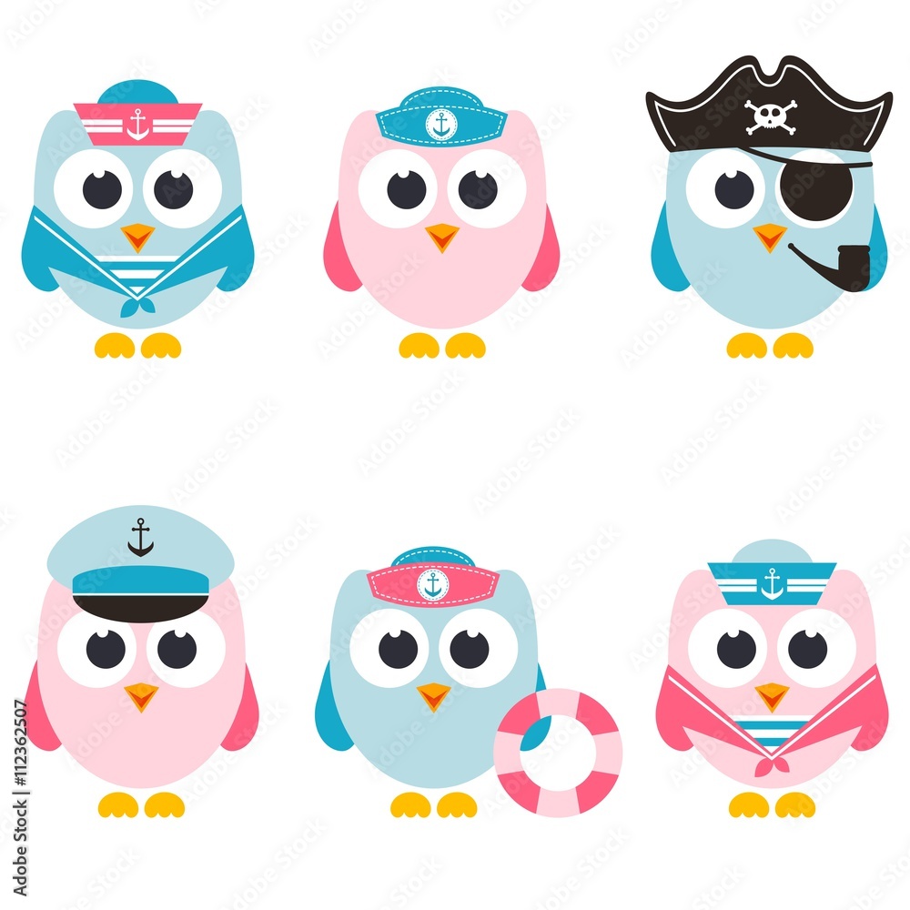 set of sailor owls isolated on white set of sailor owls isolated on white
