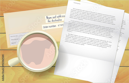 Morning breakfast, cup of coffee and a letter / Cup of strong coffee, postal envelope and a sheet of white paper on the wooden table