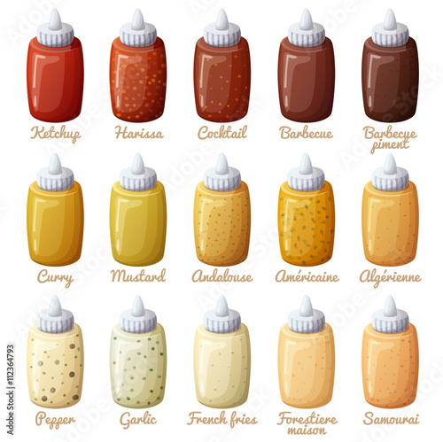 Sauces set. Ketchup, mustard, harissa, cocktail, barbecue, curry, andalouse, pepper, garlic. Vector icons isolated on white background