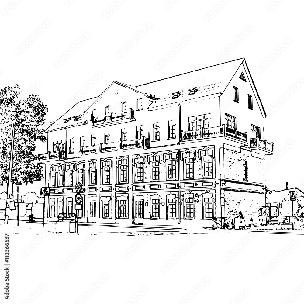 Vector black and white image of a building. Architecture of the early 20th century.
