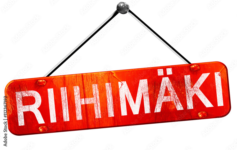 Riihimaki, 3D rendering, a red hanging sign Riihimaki, 3D rendering, a red hanging sign