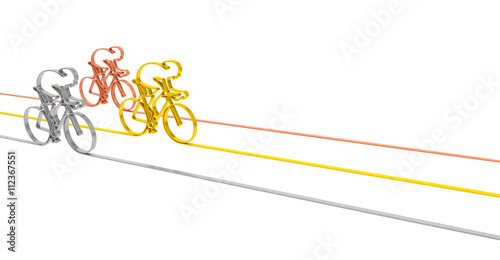 Cycle race sport competition championship concept. Abstract gold, silver and bronze bicycles racers as symbol of sporting competition and winning (background template for illustrating bicycle racing) photo