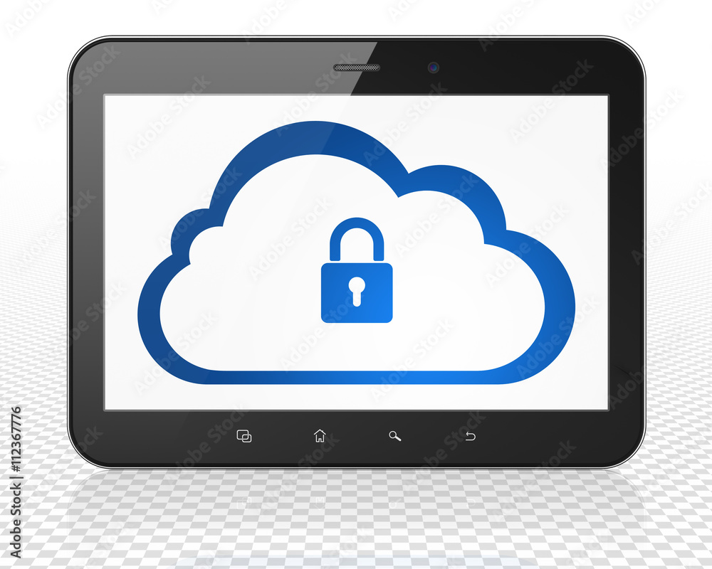 Cloud technology concept: Tablet Pc Computer with Cloud With Padlock on display Cloud technology concept: Tablet Pc Computer with Cloud With Padlock on display