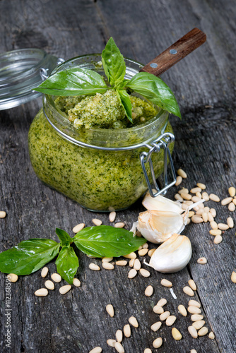 Green pesto sauce with a basil 