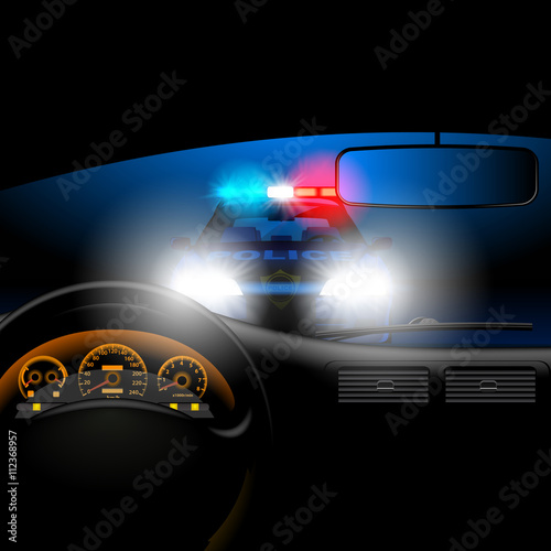 View from inside the car on the police car in night with lights