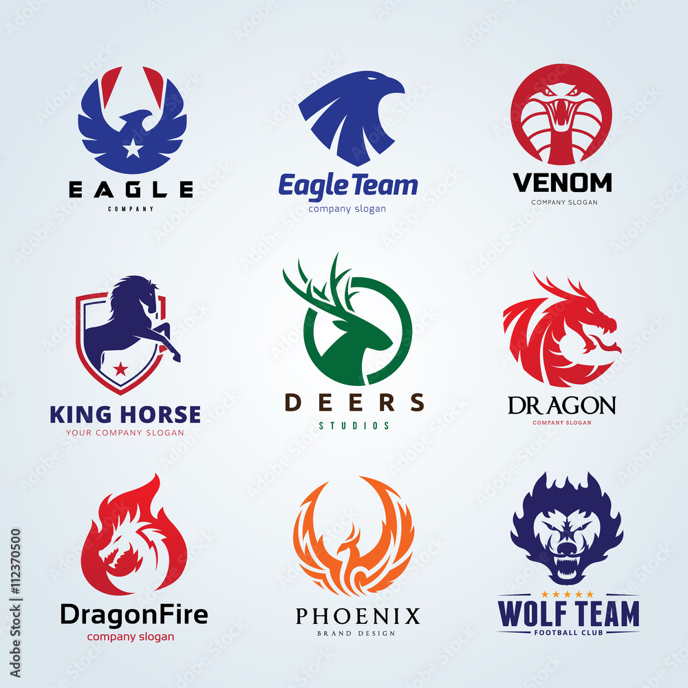 Animal logo collection. Animal logo set. Eagle logo. Snake logo. Dragon